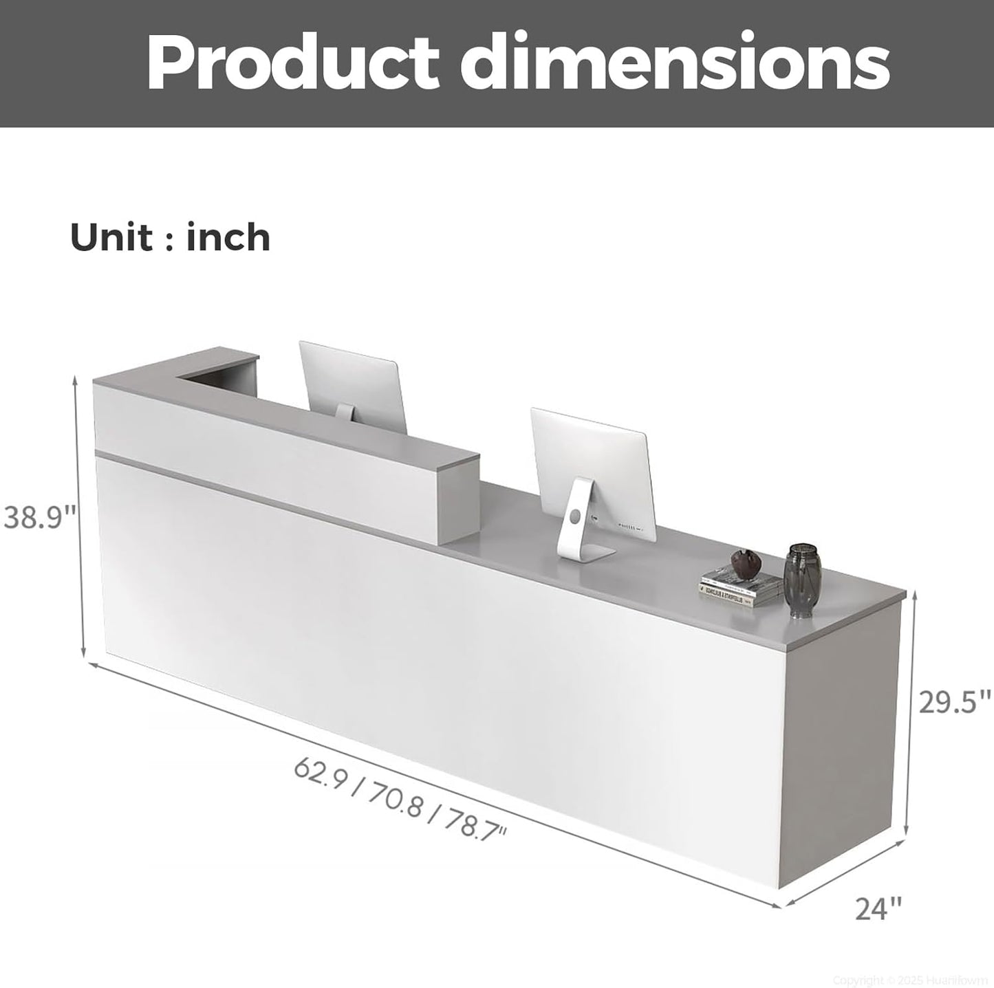 L Shape Reception Desk with Counter, Lockable Drawer, Keyboard Tray, and Double-Layer Storage for Salon, Office, or Clinic (White+Gray/Right, 71" L*24" W*39" H)