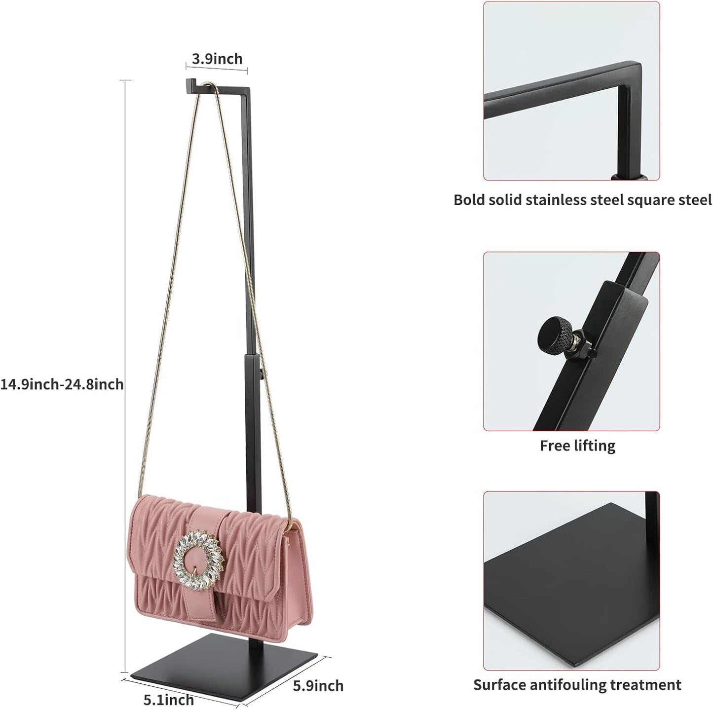 Purse Display Stand - 2 Pack Solid Black Bag Display Rack Stands, Counter Adjustable Height Stainless Steel Purse Handbag Holder Display Stand