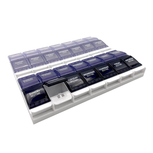 EZY DOSE Weekly (7-Day) Pill Organizer, Vitamin Container, and Daily Medicine Planner, 2X-Large Push Button Compartments, Arthritis Friendly, Easy to Use, 4 Times a Day, Grayscale Lids, BPA Free