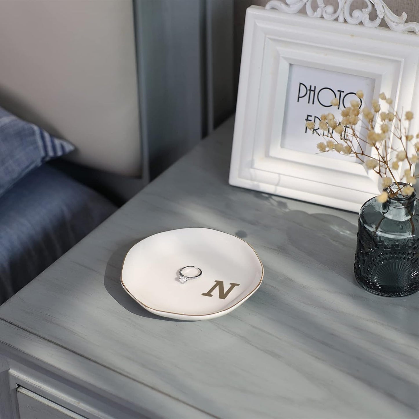 Initials Ring Dish Jewery Tray with personalized N-Monogrammed Gifts Wedding Engagement for Women Friends sister,Ceramic White
