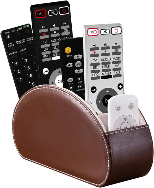 Remote Control Holders Organizer Box with 5 Compartment PU Leather Multi-functional Office Desk Storage Caddy Store Tv Remote for Media Player,Brush,Pencil,Glassees&Office Supplies (Dark Brown)