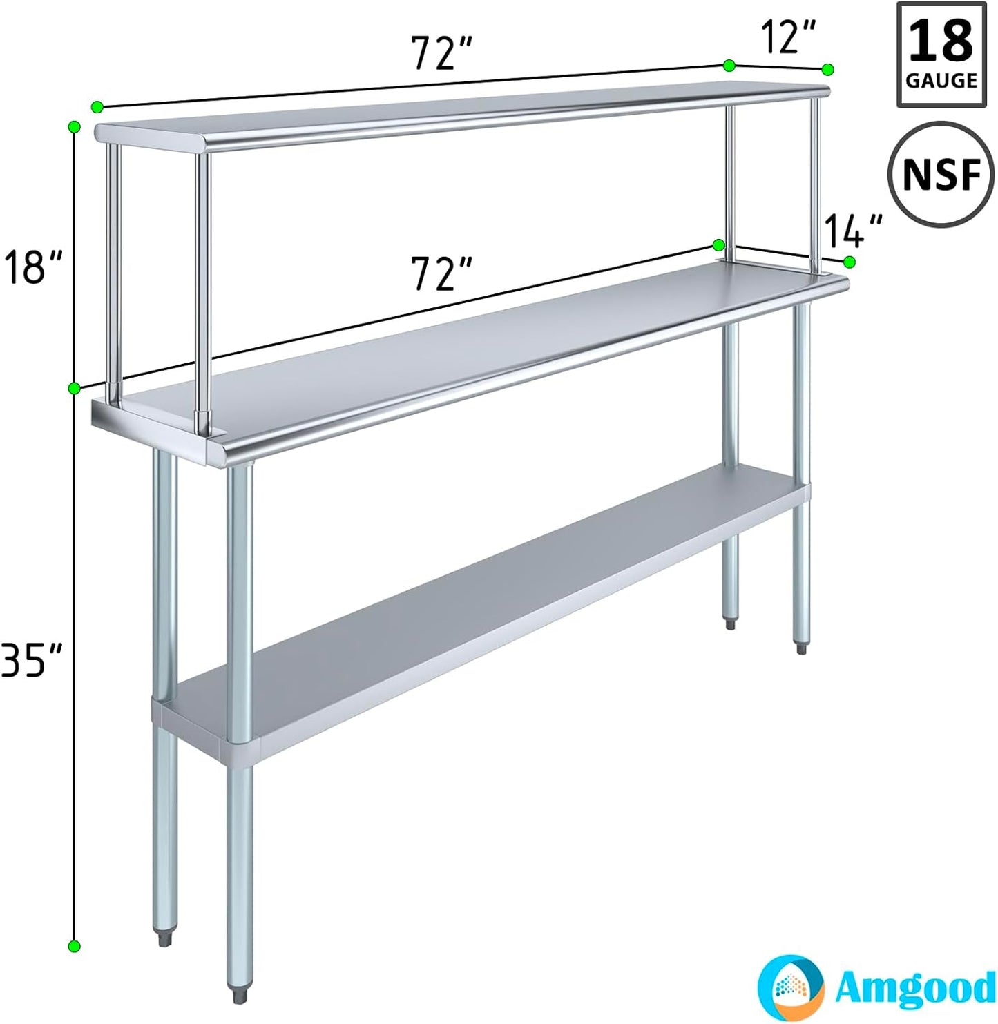 Stainless Steel Work Table with Wide Single Tier Overshelf | Metal Kitchen Prep Table & Shelving Combo (14" x 72" Work Table + 12" Overshelf)