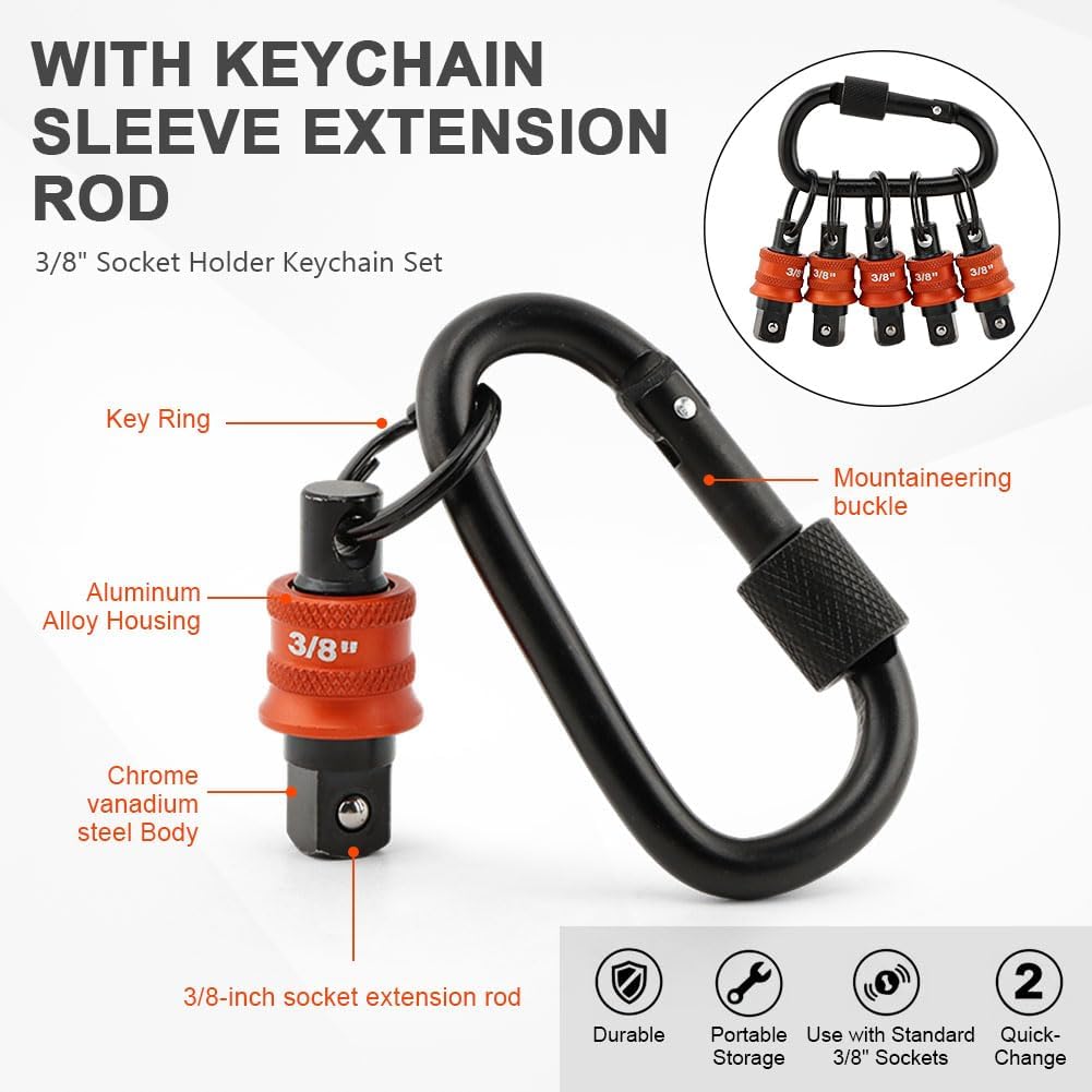 5Pcs Socket Holder Key Chain, 3/8" Drive Socket Organizer Keychain Quick Release Design with Carabiner, Impact Wrench Accessories for Lineman, Electricians, Construction Crews(SIZE:3/8 Inch)