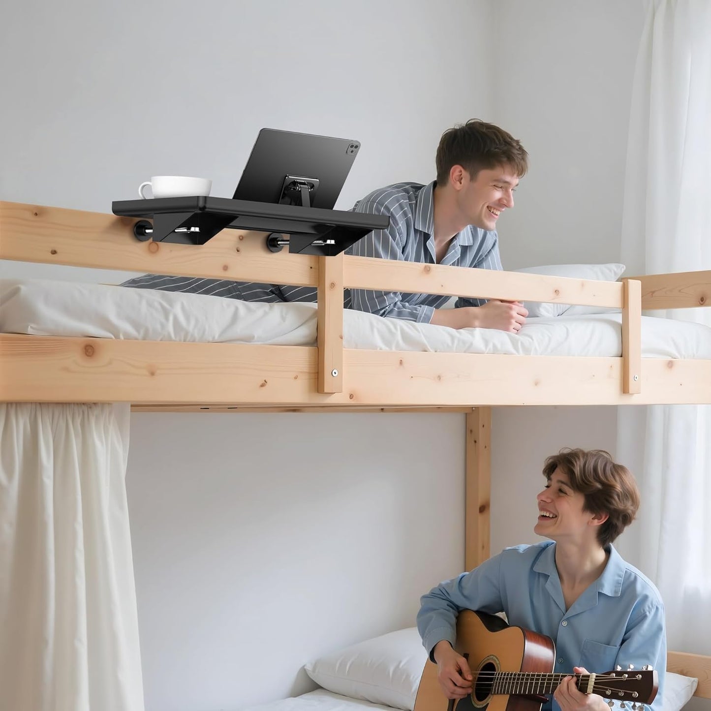 Bedside Shelf for Bunk & Loft Beds – Clip-On Nightstand Tray Organizer, Phone/Tablet Slot & Cable Management – College Dorm Room Essentials for Girls/Guys, Kids & Teens, Top Bunk (Black)