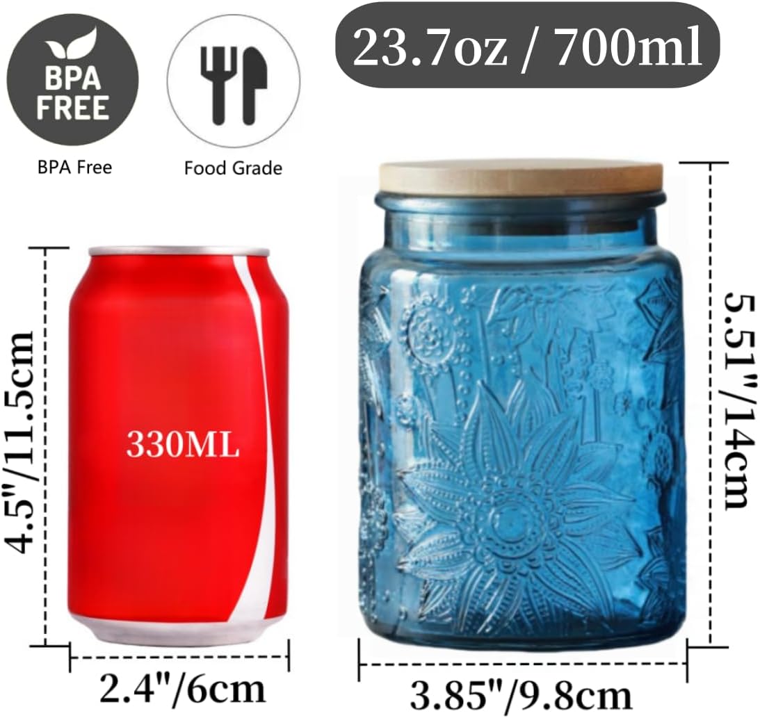 ANSQU Blue Glass Jar, 23.7 FL OZ Vintage Glass Canister with Airtight Lid, Candy Jar/Sugar Container for Kitchen Pantry Coffee, Tea, Cookie, Decorative Jars Holds Bath Salt