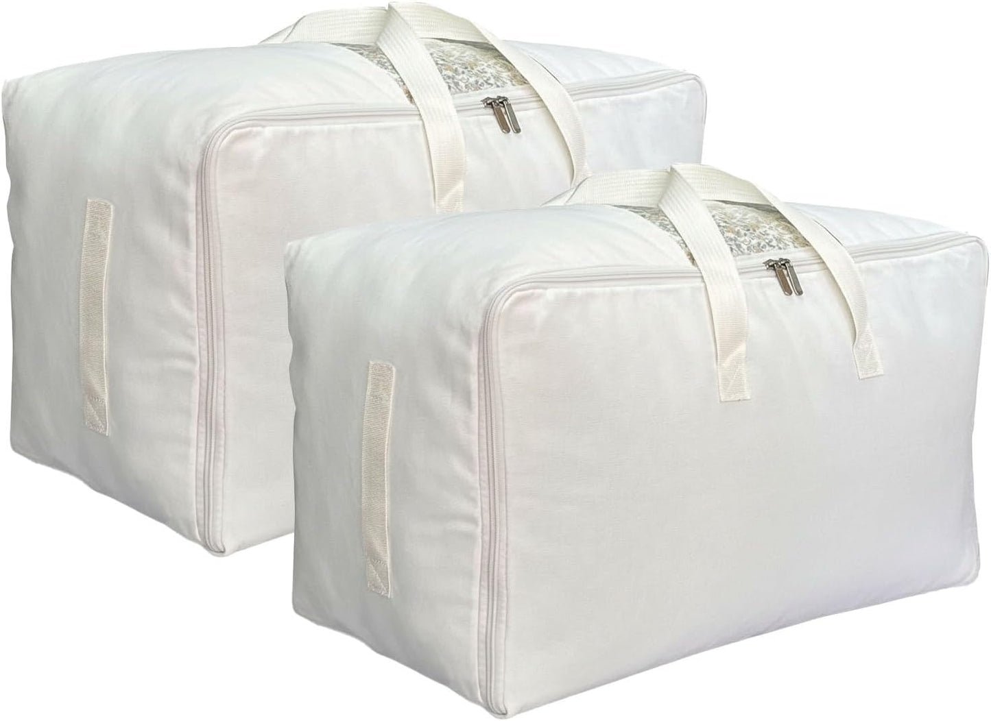 Soft Large Canvas Comforter Storage Bags with Four Carrying Handles and Clear Window, Closet Organizer for Clothing, Blankets Sheets Pillows and Bedding, 80L, 2 Pack, White