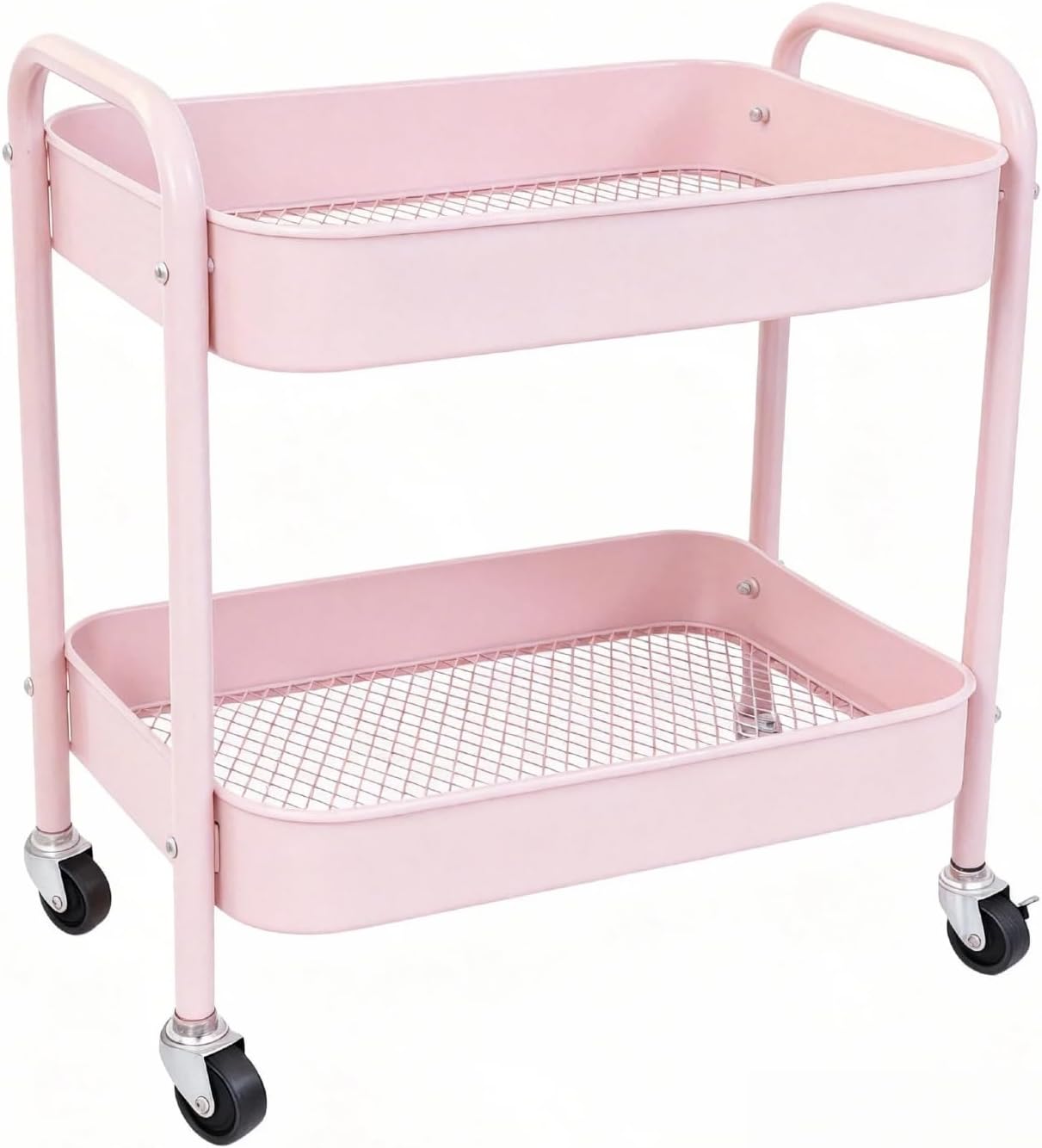 2 Tier Rolling Cart Metal with Wheels Under Desk Storage Cart for Small Space Organization, Small Trolley for Pantry Room Laundry Bathroom Kitchen Office Art Snack Baby Supplies, Pink