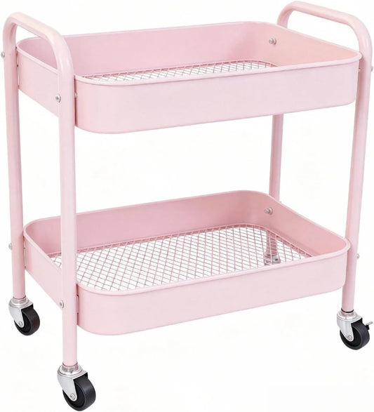 2 Tier Rolling Cart Metal with Wheels Under Desk Storage Cart for Small Space Organization, Small Trolley for Pantry Room Laundry Bathroom Kitchen Office Art Snack Baby Supplies, Pink