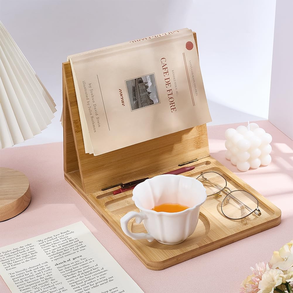 PH PandaHall Wooden Book Stand for Reading Rest Triangle Book Holder with Cup Pen Phone Glasses Organizer Foldable Reading Rest Rack for Book Lover Readers Office Bedroom Nightstand Desktop
