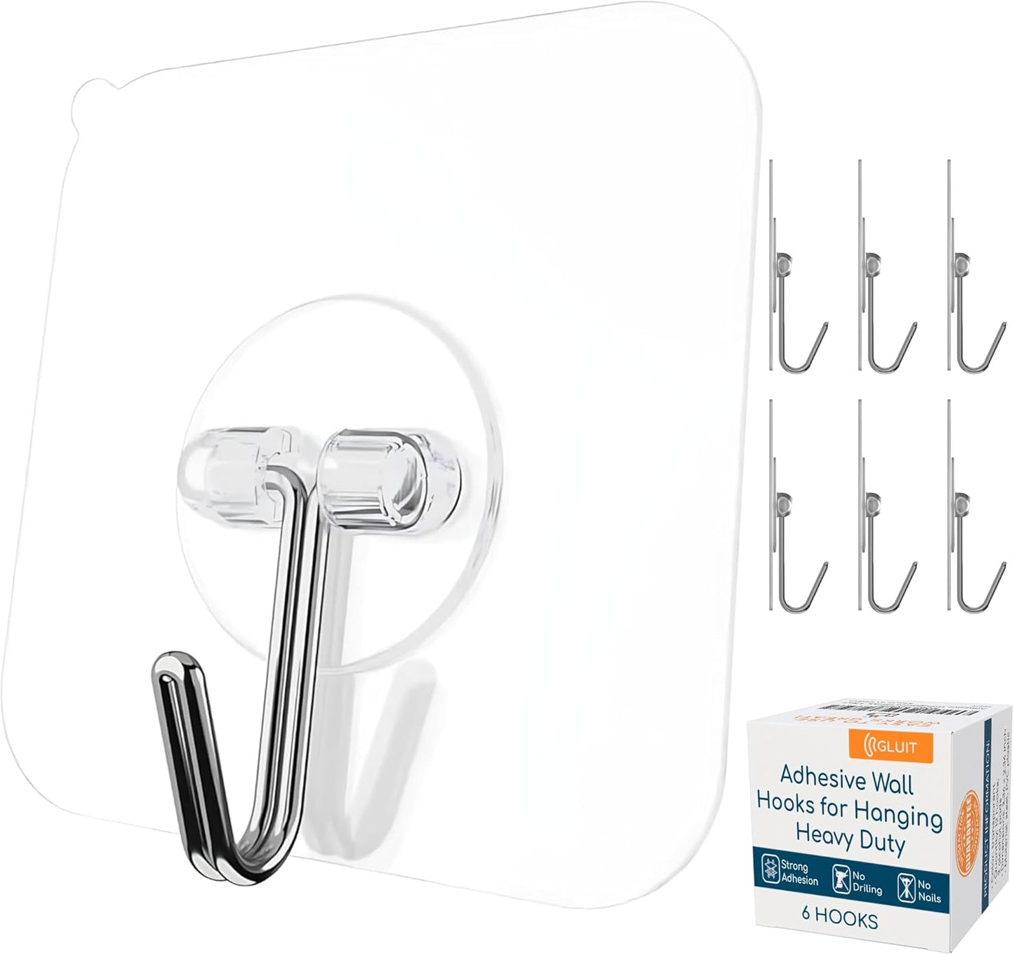 GLUIT Adhesive Wall Hooks for Hanging Heavy Duty 22 lbs Hooks for Walls No Damage, Towel Sticky Clear Hook, Waterproof, Home, Bathroom, Kitchen, Office, and Outdoor 6 Pack