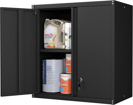 Steel Wall Cabinet, Metal Locking Wall Cabinet, Wall Hanging Metal Cabinet for Garage Tool Storage, Wall Mount Tool Cabinet for Garage, Laundry Room, Pantry, Black