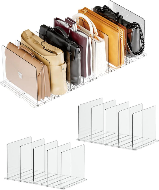 Adjustable Acrylic Purse Organizer for Closet Shelf – Clear Handbag Storage Divider, Pocketbook Rack, Clutch Holder, Purse Shelf Organizer for Women’s Closet Organization