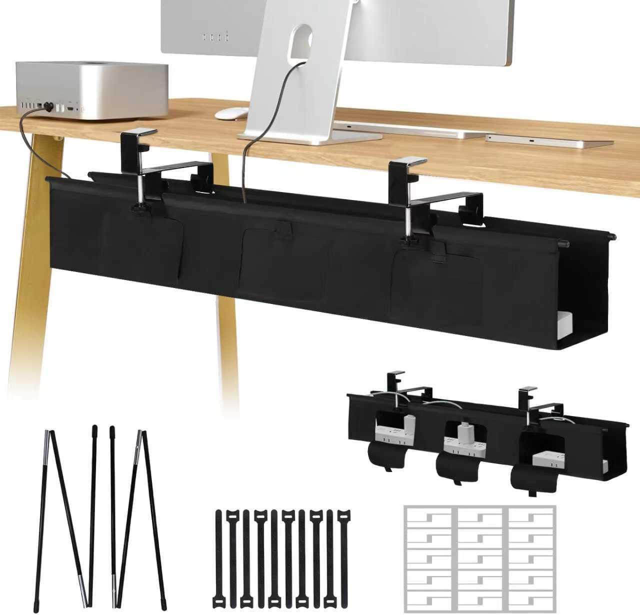 No Drill Under Desk Cable Management Tray - 36" Under Desk Cord Organizer,Clamp/Screw Mount Cable Management, Premium Fabric Cord Hider for Wire Organizer for Office, Home