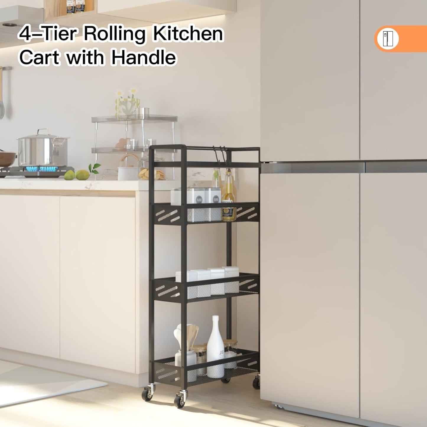 DGSNADGO Slim Rolling Storage Cart, 4-Tier Kitchen Cart on Wheels, Narrow Utility Cart with Handle and Wooden Tabletop for Small Space in Kitchen, Living Room, Bathroom, Laundry Room, Beige (Black)