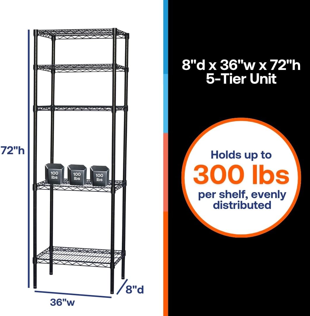Shelving Inc. 8" d x 36" w x 72" h Black Wire Shelving with 5 Tier Shelves, Weight Capacity 300lbs Per Shelf