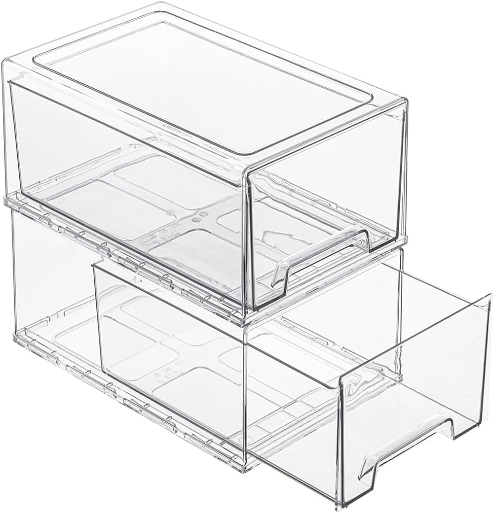 2 Pack Stackable Pull-Out Storage Drawers，Plastic Clear Organizer Bins with Handles，Easily Clean for Undersink，Cabinet，Fridge，Closet，Pantry，Office，Bathroom