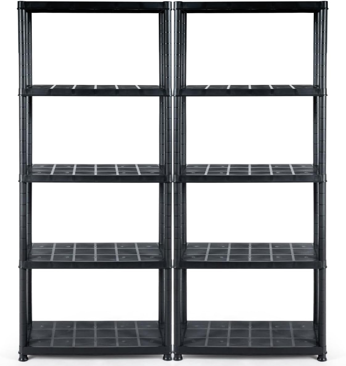 IRONMAX 5-Tier Plastic Storage Shelves, Multi-Purpose Display Shelf Rack, Light Duty Storage Shelving Unit for Laundry Pantry Closet, Black (2, 28“L X 15”W X 67“H)