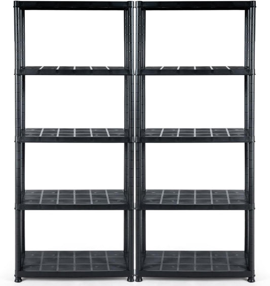 IRONMAX 5-Tier Garage Shelving Unit, Plastic Storage Rack with 4 Wall Brackets, Heavy Duty Shelf Organizer for Indoor and Outdoor, Black (2, 36”L X 18”W X 73”H)