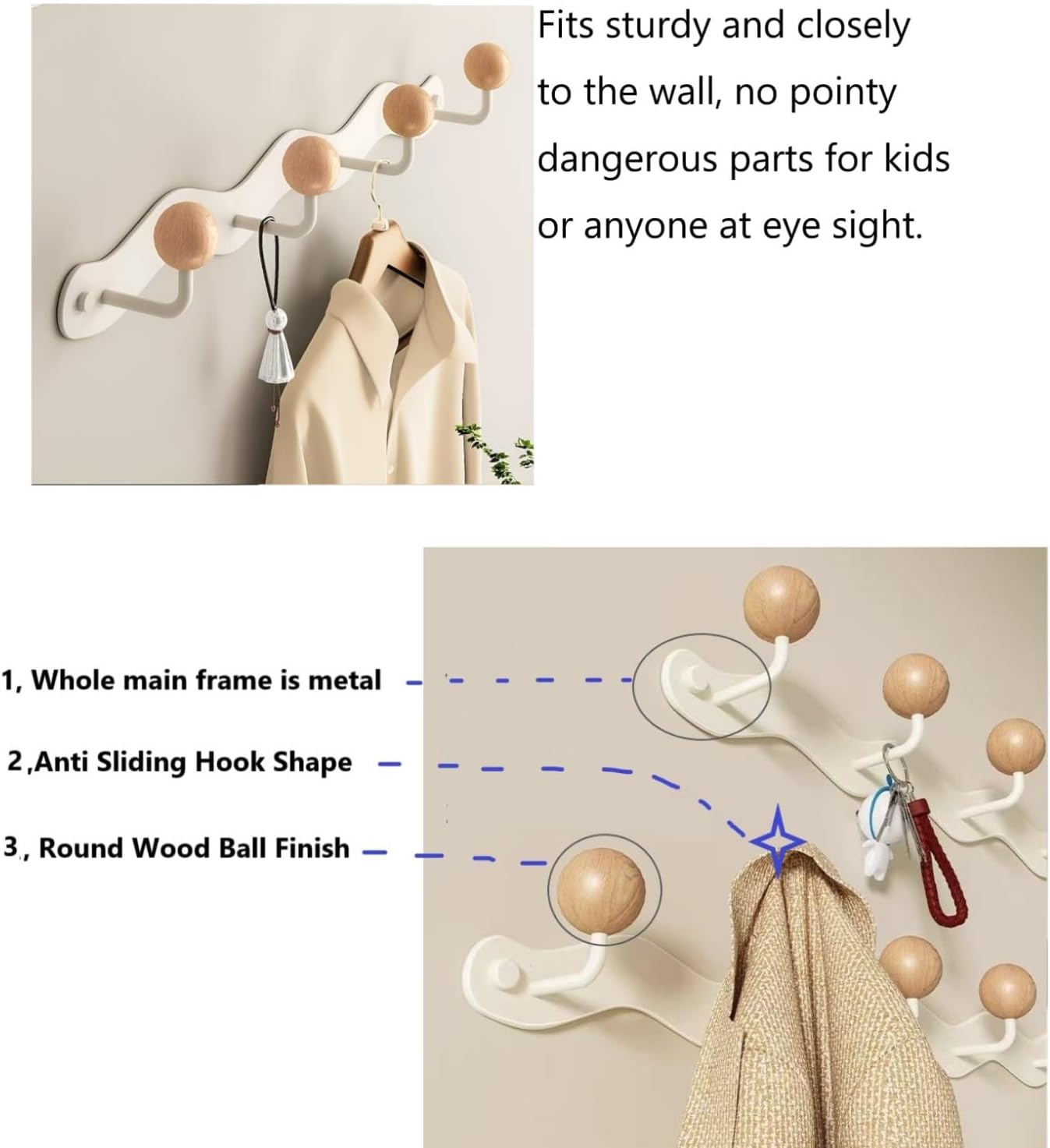 Coat Rack Wall Mounted,White Coat Hooks Adhesive & Screw in,Anti-Tear Wooden Ball Hook Rail, Heavy Duty Metal Coat Hangers for Entryway, Bathroom, Bedroom, Kitchen 2PACK (4-tri Hooks)