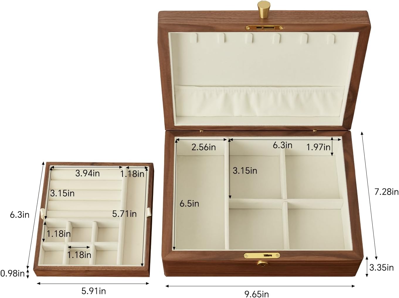 Solid Black Walnut Wood Jewelry Box With Velvet Lining,Personalized Ring and Necklace Box for Women and Girls,Brass Lock and Handle (With lock)