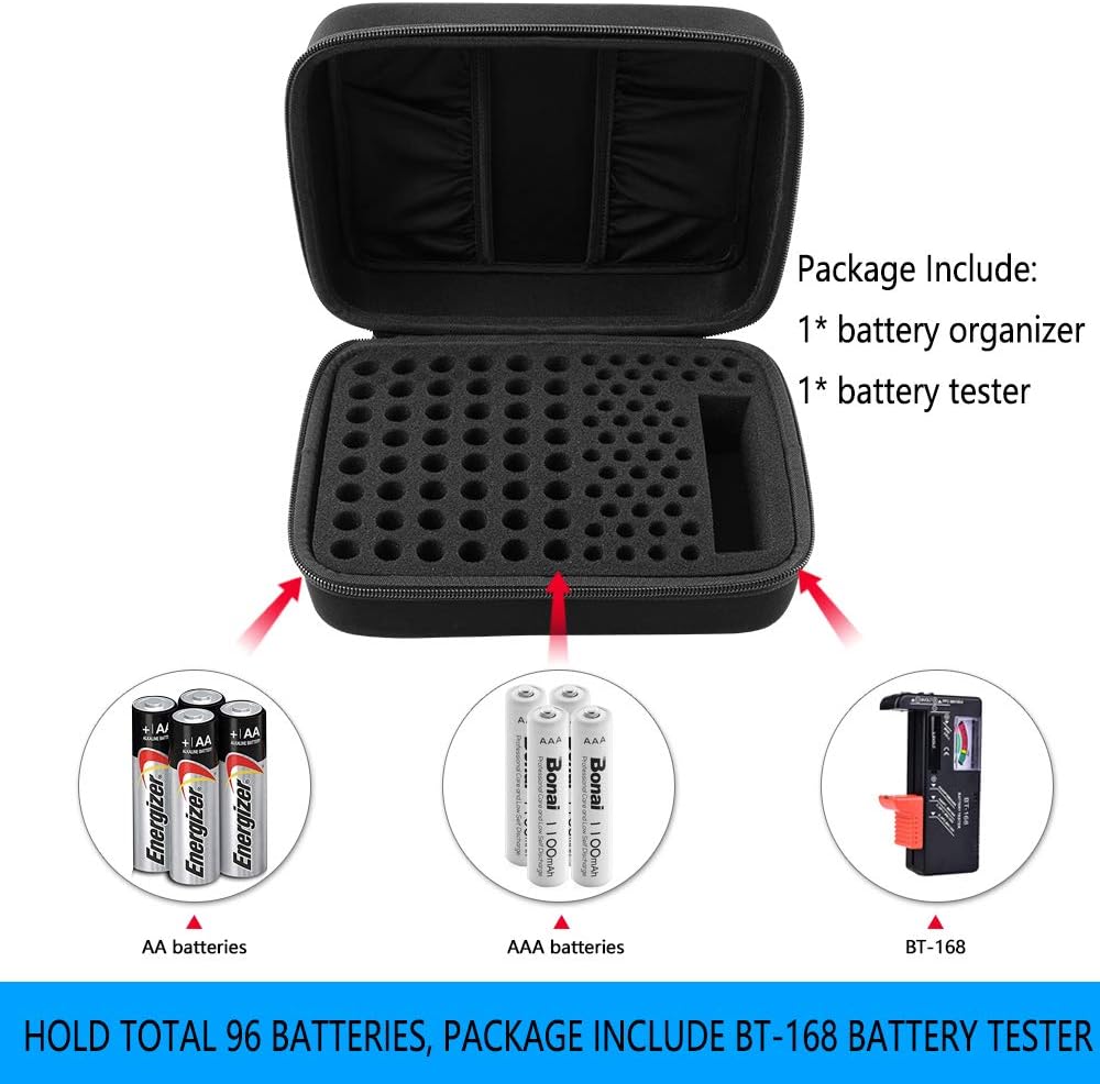 Comecase Battery Organizer Storage Box Case Holder for 48 x AA, 48 x AAA Total 96 Batteries with Battery Tester, Extra 2 Pockets for Other Accessories