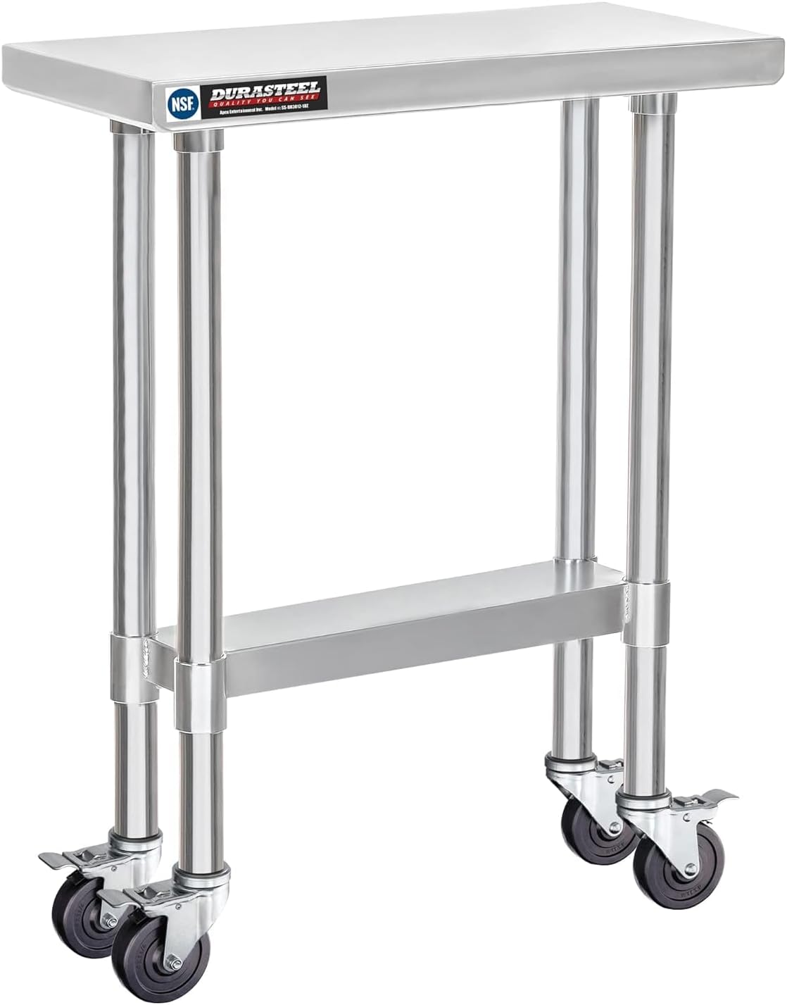 DuraSteel 30x12 NSF Stainless Steel Cart Work Table - Heavy Duty Rolling Food Prep Table - Metal Utility Cart on Wheels Caster, Grill Stand Microwave Outdoor Kitchen Tables Countertop Island Top Vevor