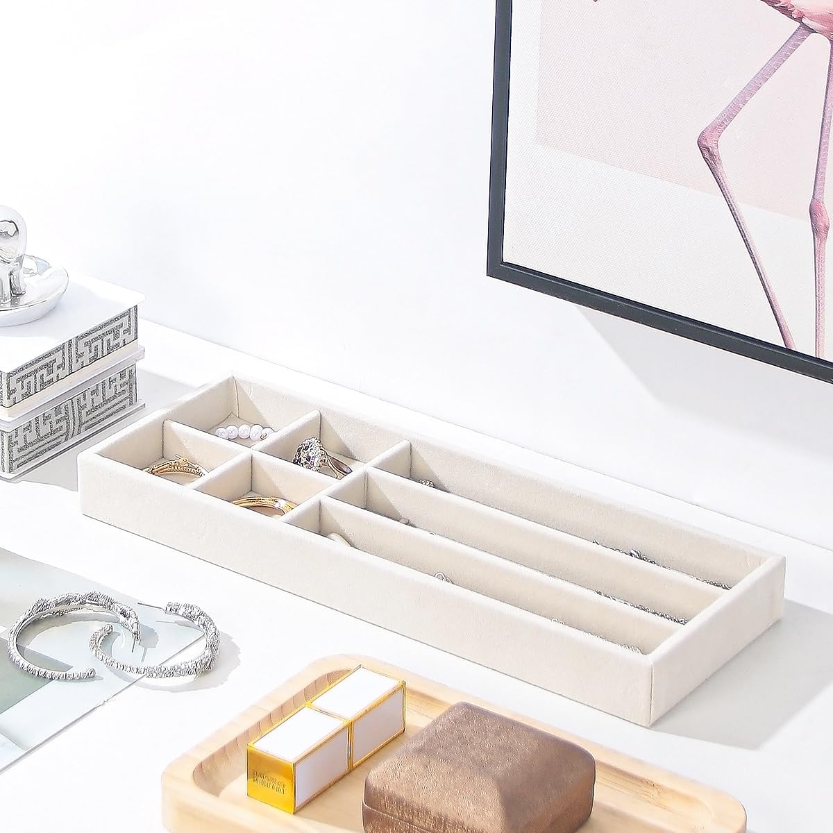 2Pcs Desk Drawer Storage Tray, Nightstand Organizer Tray, Necklace Bracelet Ring Earring Jewelry Display Tray, Grid Table Organizer Holder Tray for Sunglass, Phone, Watch, Perfume (7 grid)/Beige