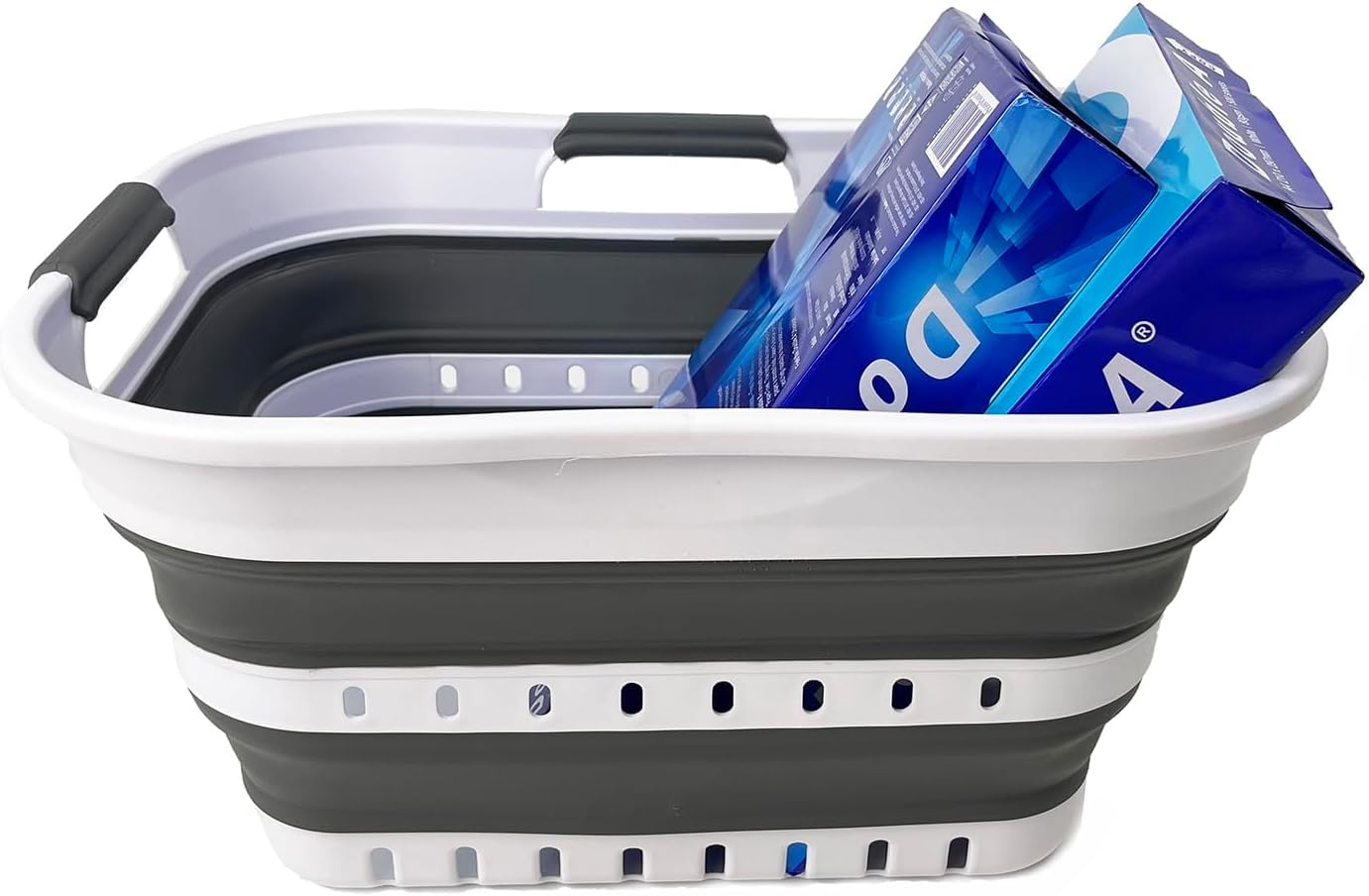 SAMMART Collapsible Plastic Rectangular Laundry Basket - Foldable Pop Up Storage Container/Organizer - Portable Laundry Hamper - Space Saving (White/Steel Grey, 19L)