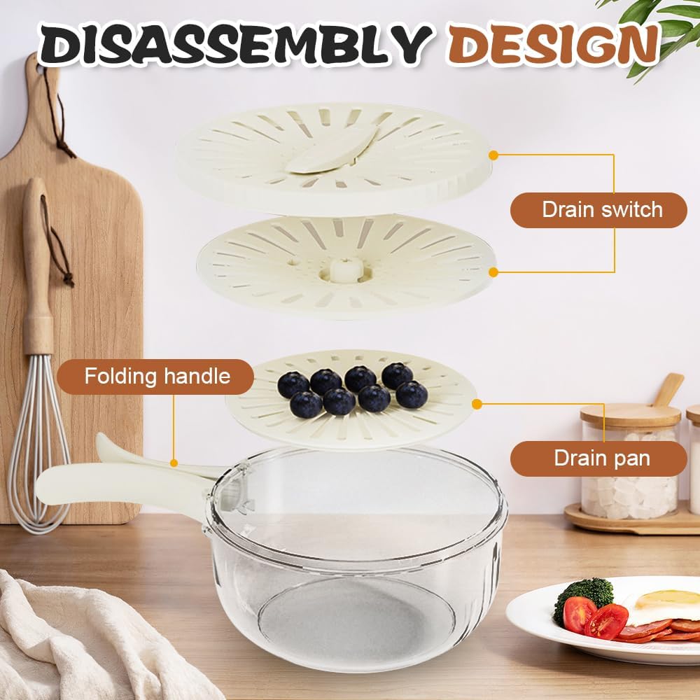 Multi-Functional Fruit and Vegetable Washing Bowl, Fruit Strainer Container with Lid, 2 In 1 Sealed Drainer Basket, Drainer and Freshness Basket, Kitchen Tool with Foldable Handle (White 2pcs)
