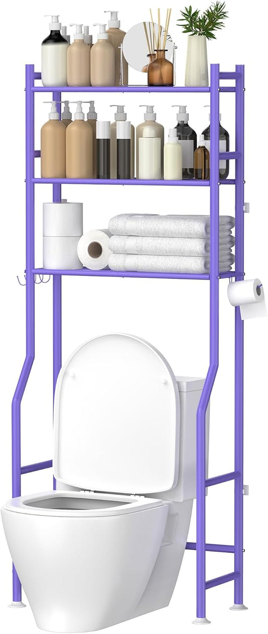 3-Tier Over The Toilet Storage, Space Saver Metal Bathroom Shelves, Freestanding Above Over Toilet Storage Shelf with 4 Hooks for Bathroom, Purple