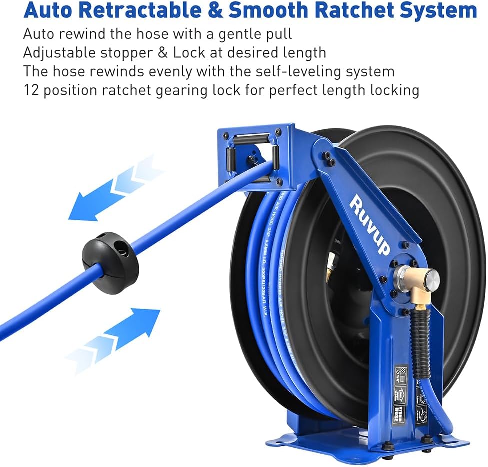 Ruvup Retractable Air Hose Reel, 3/8" x 75ft Air Compressor Hose Reel Auto Rewind Hybrid Hose Max 300PSI with 6.5ft Lead Hose Heavy Duty Steel Double Arm with 12-Position Ratchet Lock