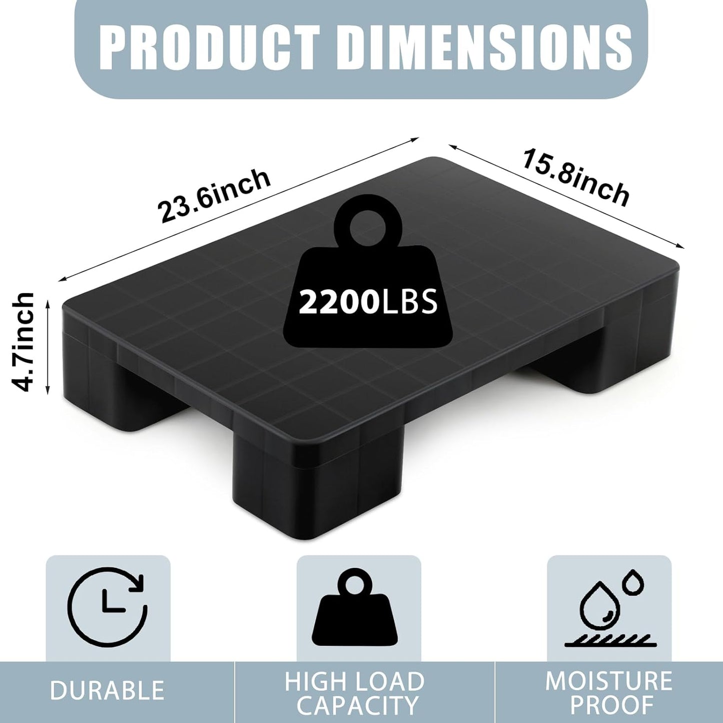4 Pcs Plastic Pallet for Basement Storage Easy Stack Lightweight Floor Pallet Display Flooring Room Supermarket Christmas, Support up to 2000 Lbs (23'' L X 16'' W X 4.7'' H,Black)