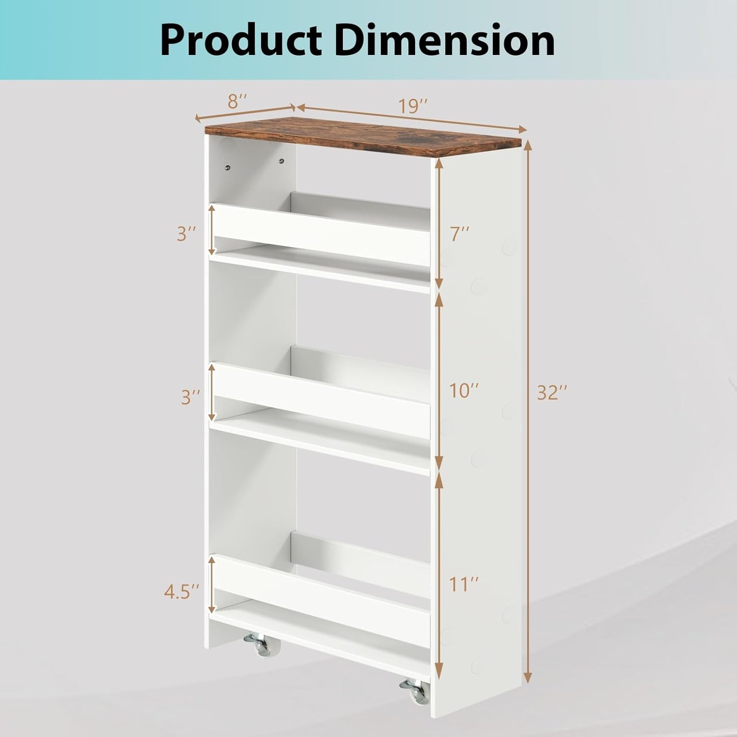 POWERSTONE 4-Tier Slim Storage Cart, Narrow Kitchen Rolling Cart w/Handle & Open Shelves, Skinny Slide Out Utility Organizer Trolley for Kitchen Bathroom Laundry Small Spaces White & Rustic Brown