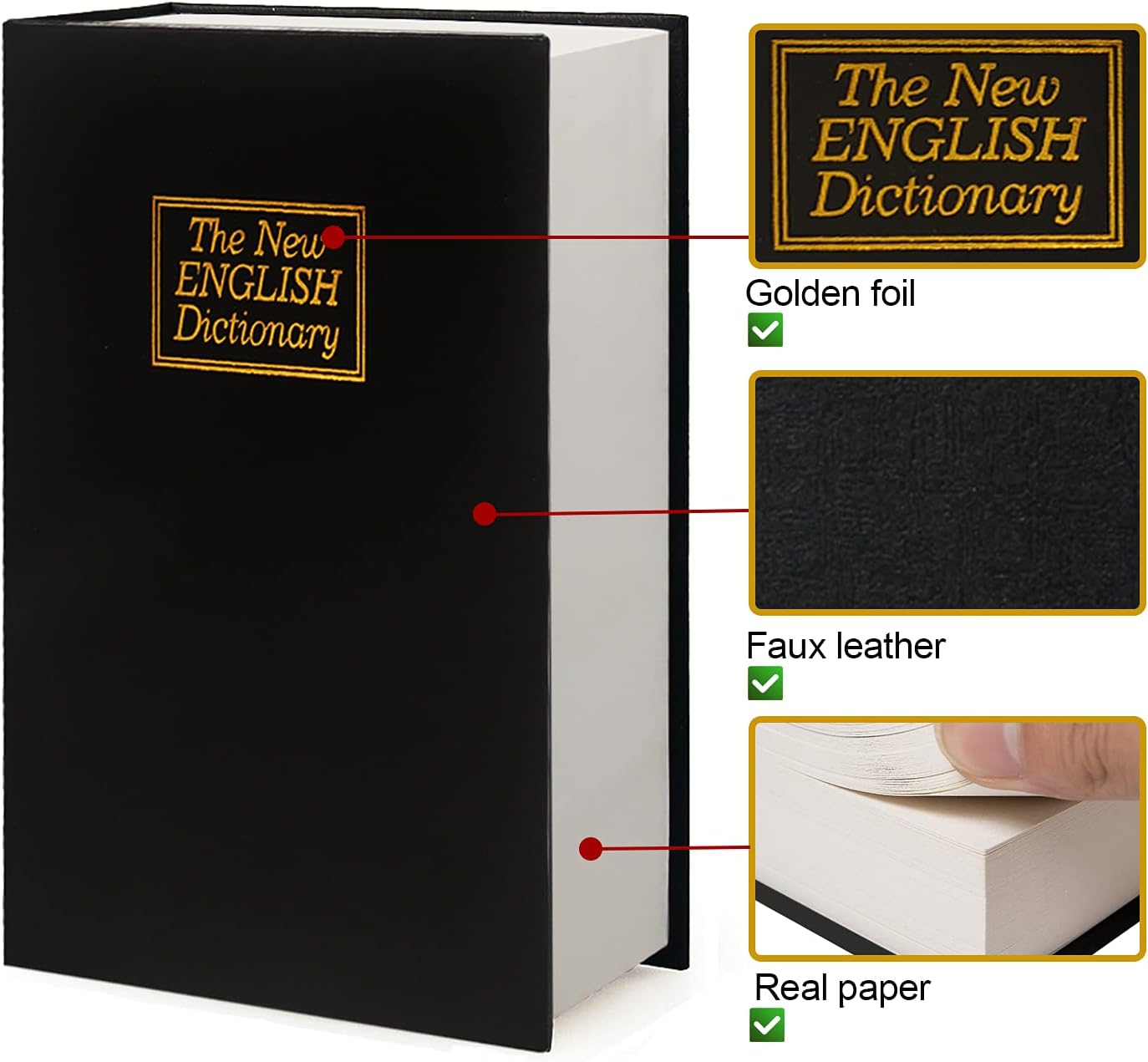 Leather Book Safe (Size 8.7"×6"×2") Real Paper Secret for Jewelry, Money and Cash, Diversion Book Safe,Hollow with Hidden,Key Lock (M, Black-Key)