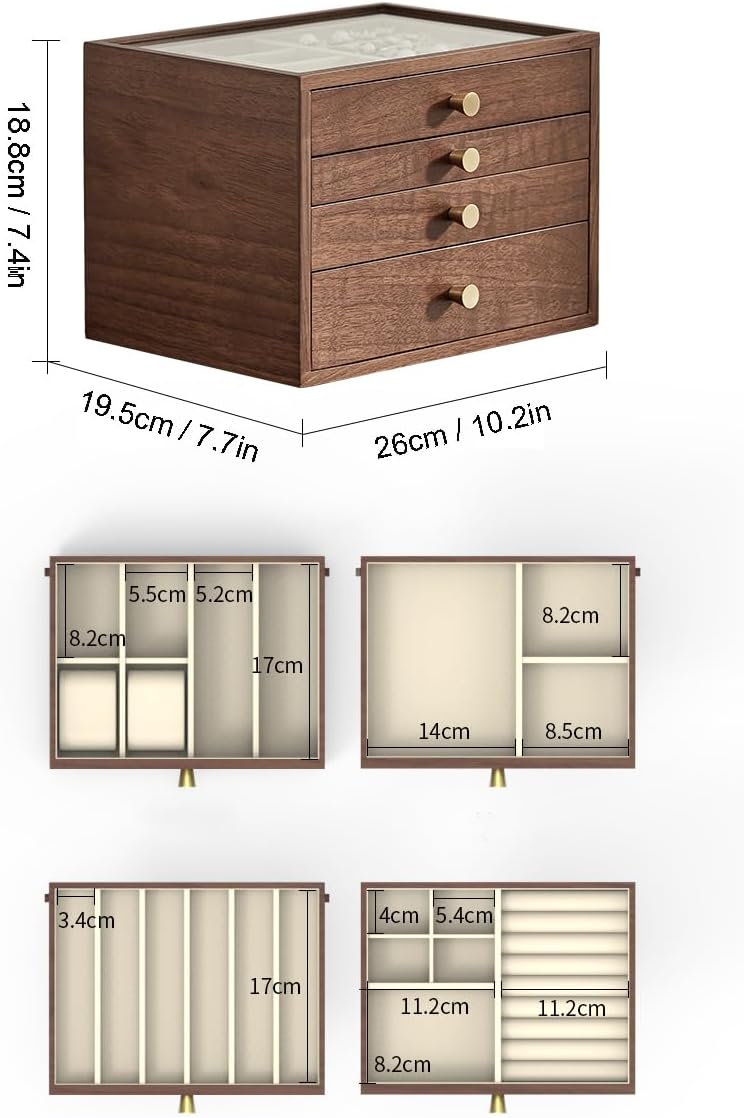 Black Walnut Wooden Jewelry Box for Women large 4 Layer Drawer Organizer Box with Glass Lid for Necklaces, Watch, Necklace, Ring, Earring Storage - Christmas Gifts