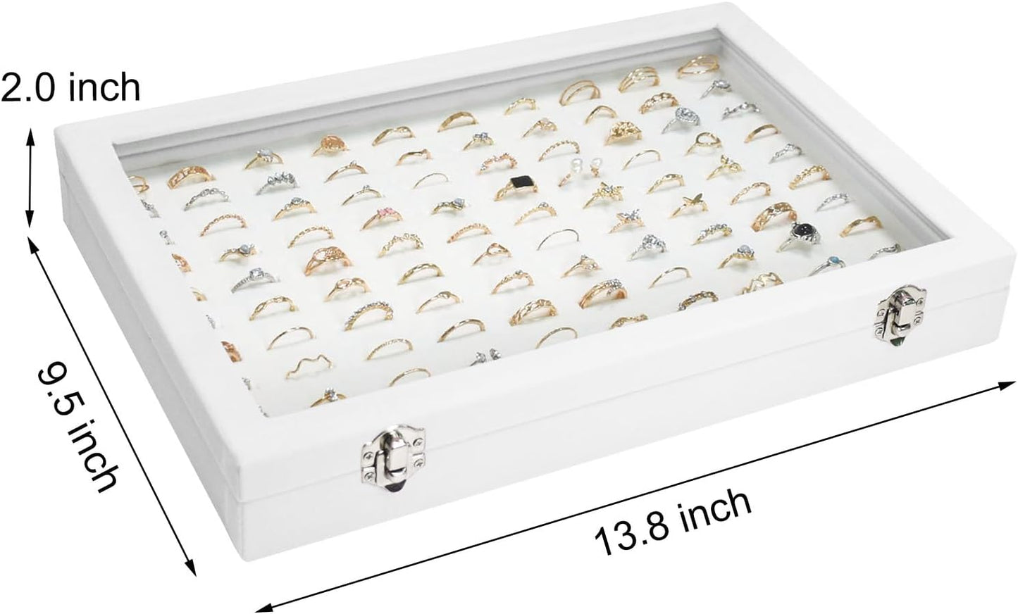 Velvet Ring Display Tray Organizer Box with Transparent Lid, 100 Slot Ring Holder Showcase For Store Display Jewelry Show Home, Ring Organizer For Rings Earrings (Ivory)