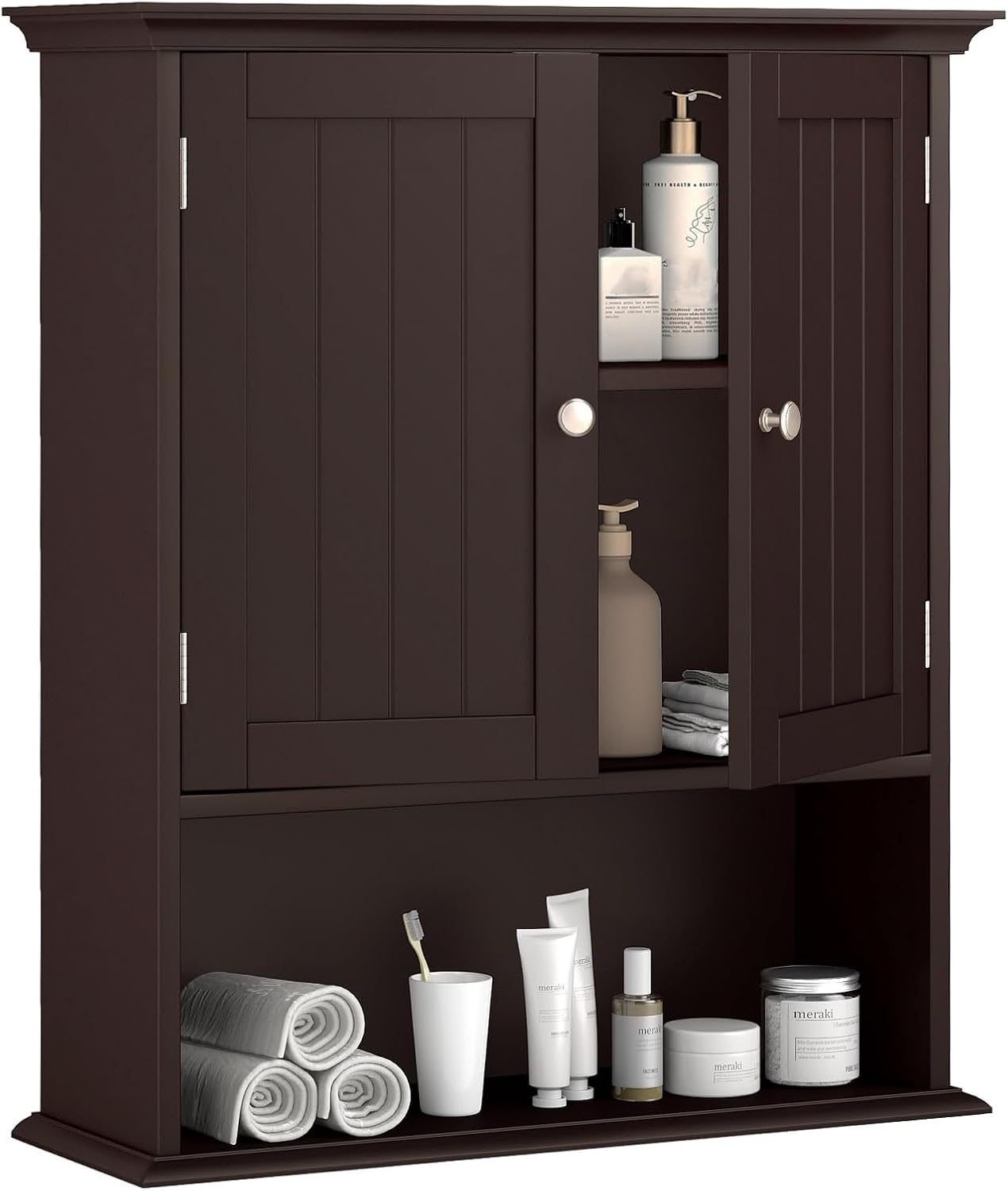 Tangkula Bathroom Wall Cabinet, Wooden Hanging Storage Cabinet with Doors & Shelves, Multipurpose Storage Cabinet for Restroom Kitchen Living Room, Wall Mounted Bathroom Medicine Cabinet (Brown)
