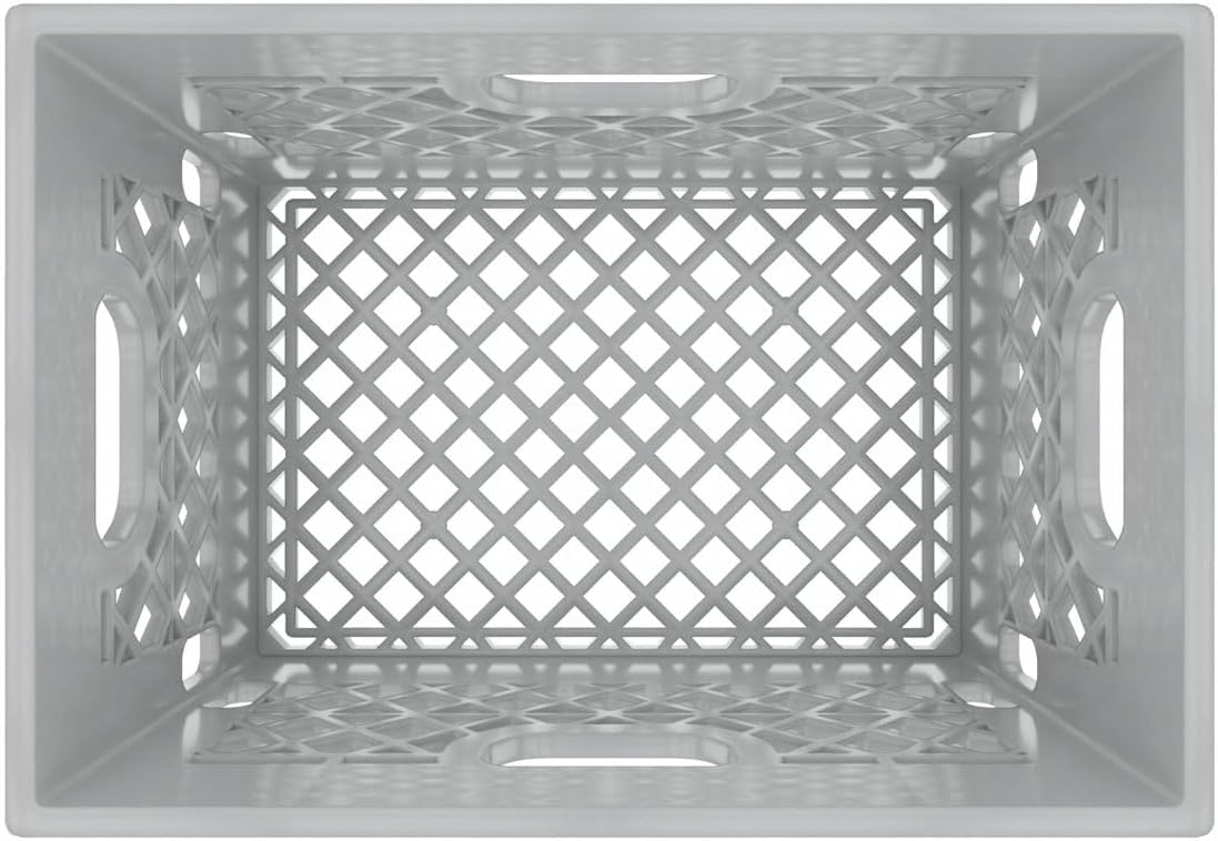 Heavy Duty Plastic Storage Milk Crates, Stackable Utility Organizer Bins, 19x11x13 Inches, 6 Pack, Made in USA, 24 Qt/6 Gallon Capacity (Gray)