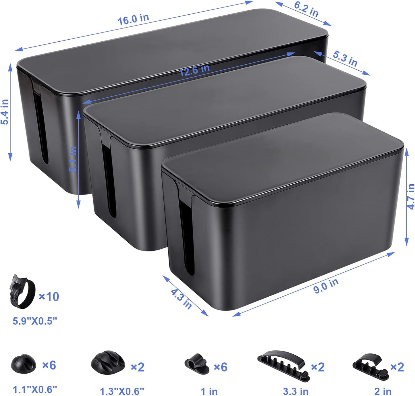 Cable Organizer Box Set of Three, Power Cover Cord Holder Surge Protector for Desk (Black)