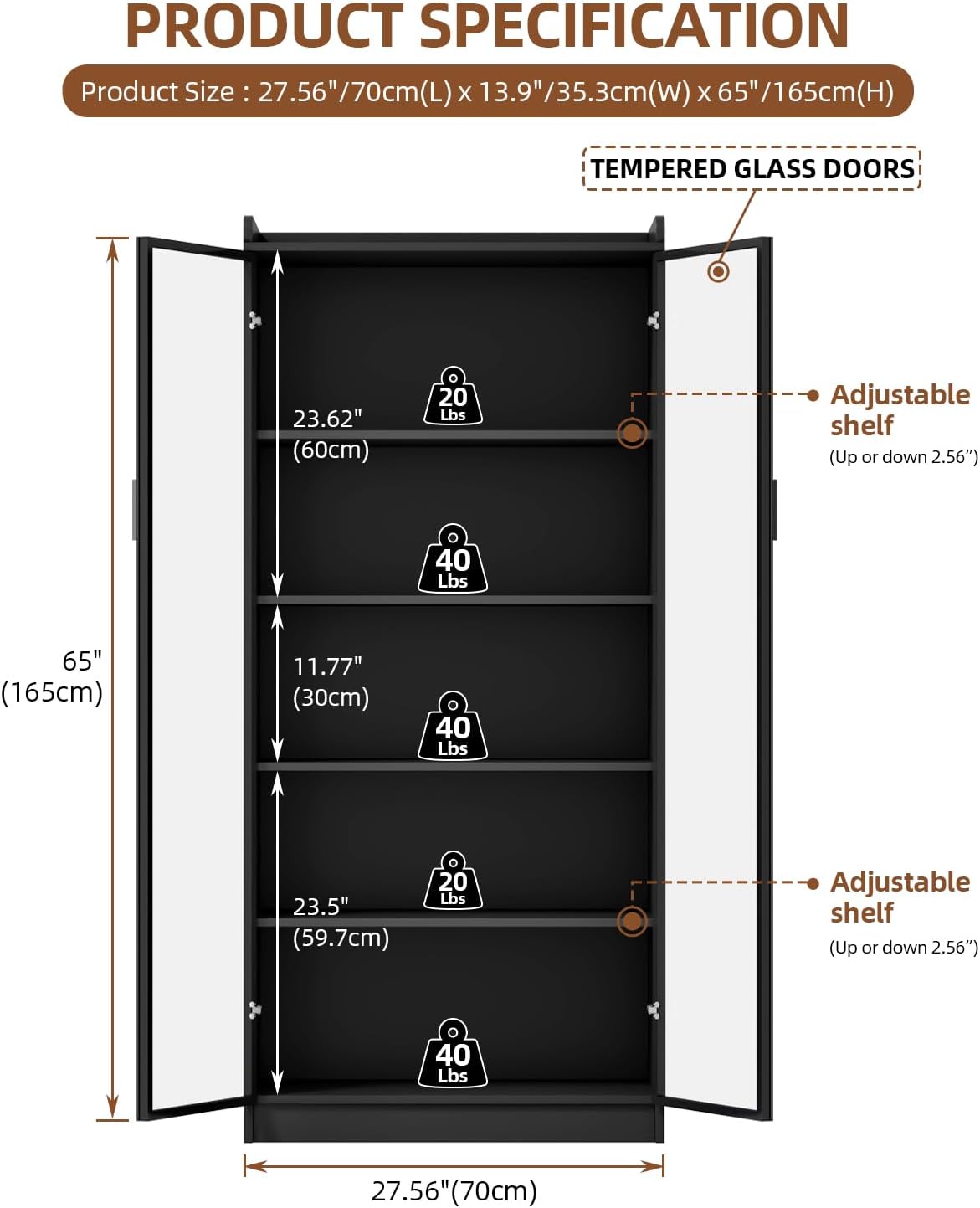 Display Cabinet with Glass Doors and Shelves, 65" Tall Curio Cabinet with LED Lights/Human Sensor, 5 Tier Display Case for Collectibles Bedroom Living Room Office, Black