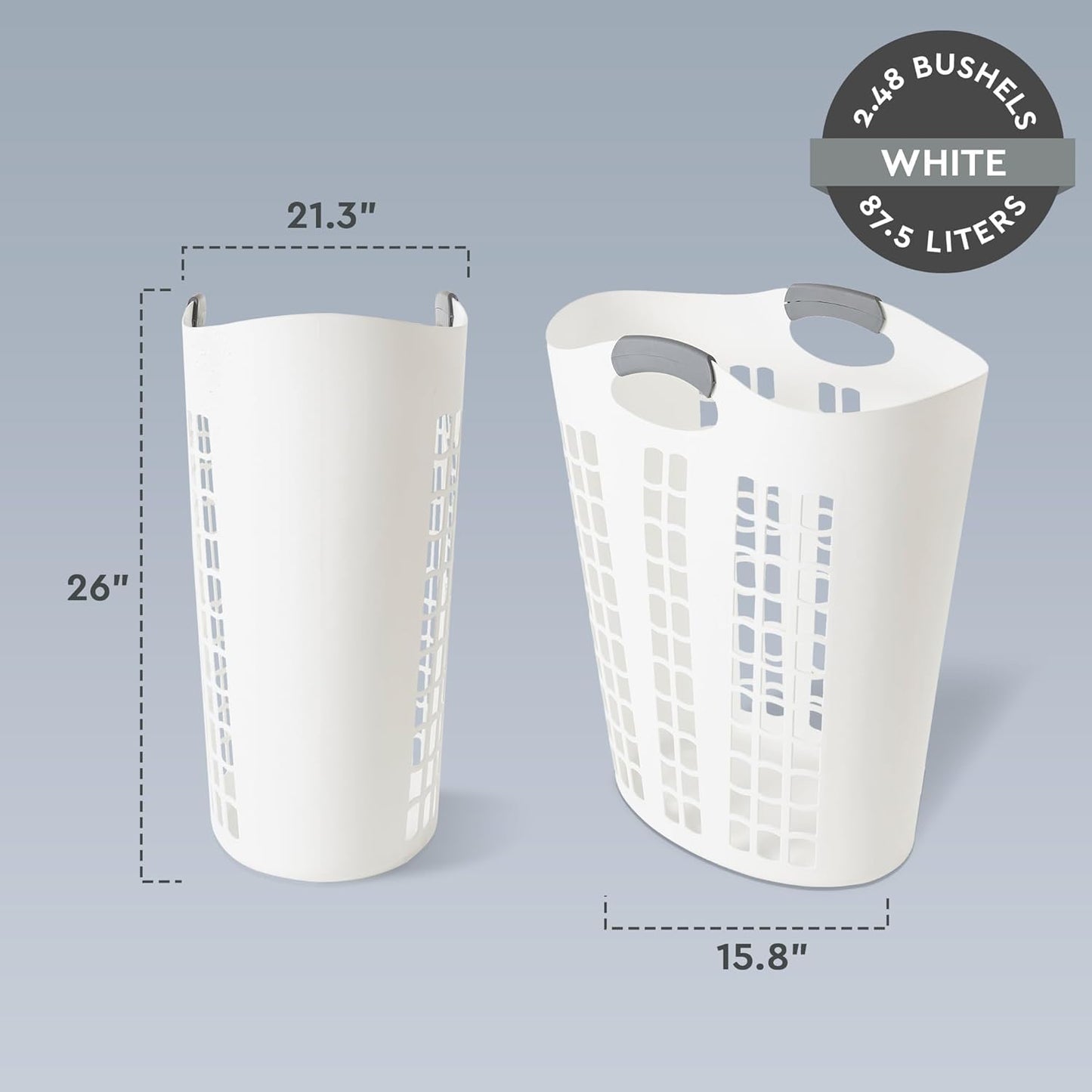 Gracious Living Easy Carry Flex Hamper, Large 87.5 Liter Lightweight Plastic Ventilated Laundry Basket Clothes Bin with Handles, White (2 Pack)
