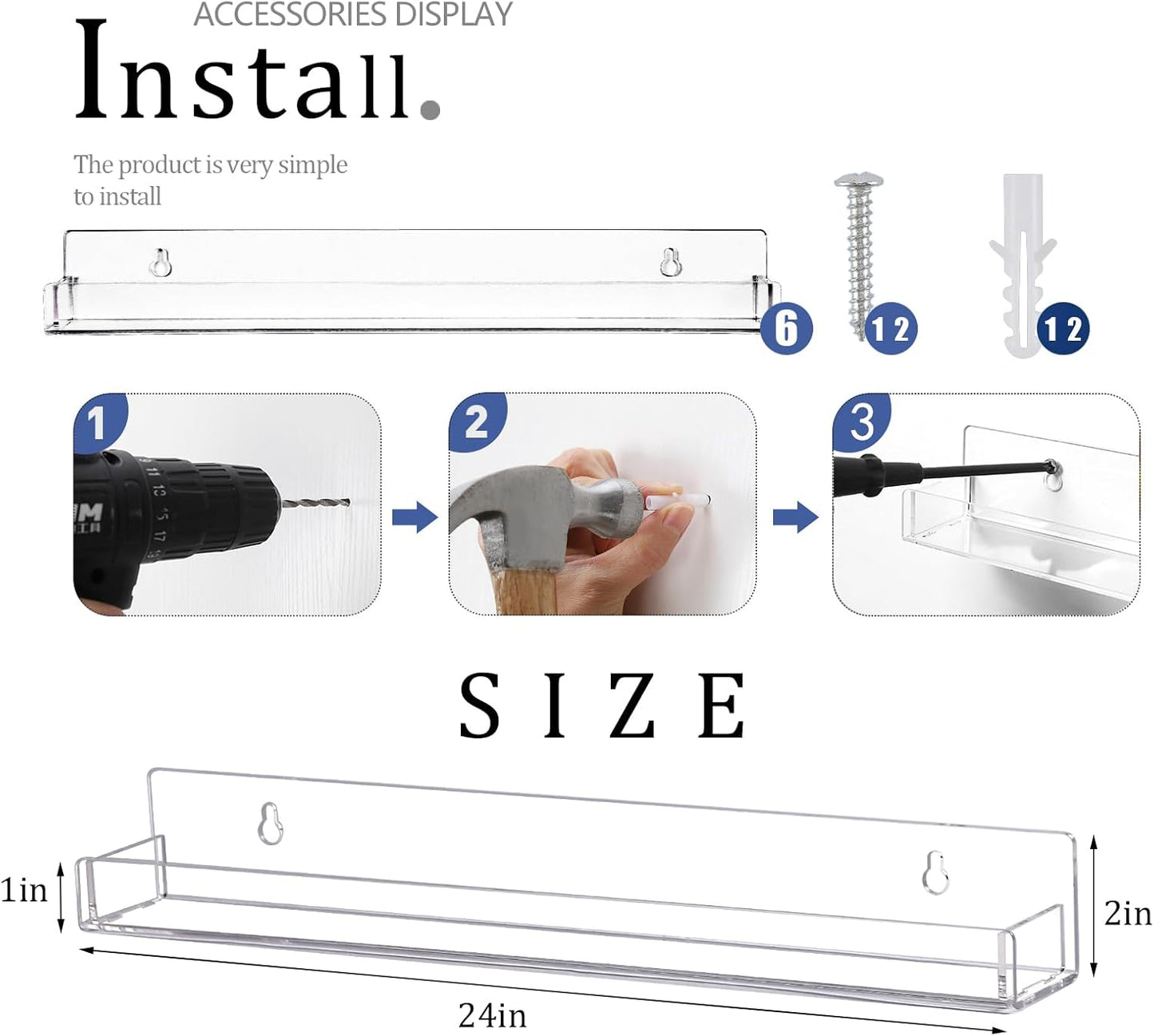 6Pcs/Set 24 Inch Nail Polish Rack Wall Mounted, Lipstick Essential Oil Bottle Clear Holder Organizer, Big Display Stand Wall Shelf for Bottle Cup Make-ups