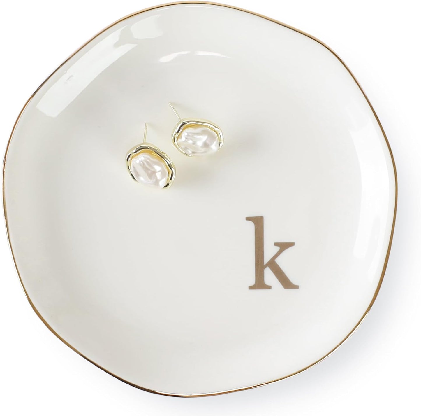 HOME SMILE Initials Ring Dish Jewery Tray with Personalized K-Monogrammed Engagement Wedding Gifts for Friends,Sister,Birthday Christmas Gifts for Women,Ceramic White