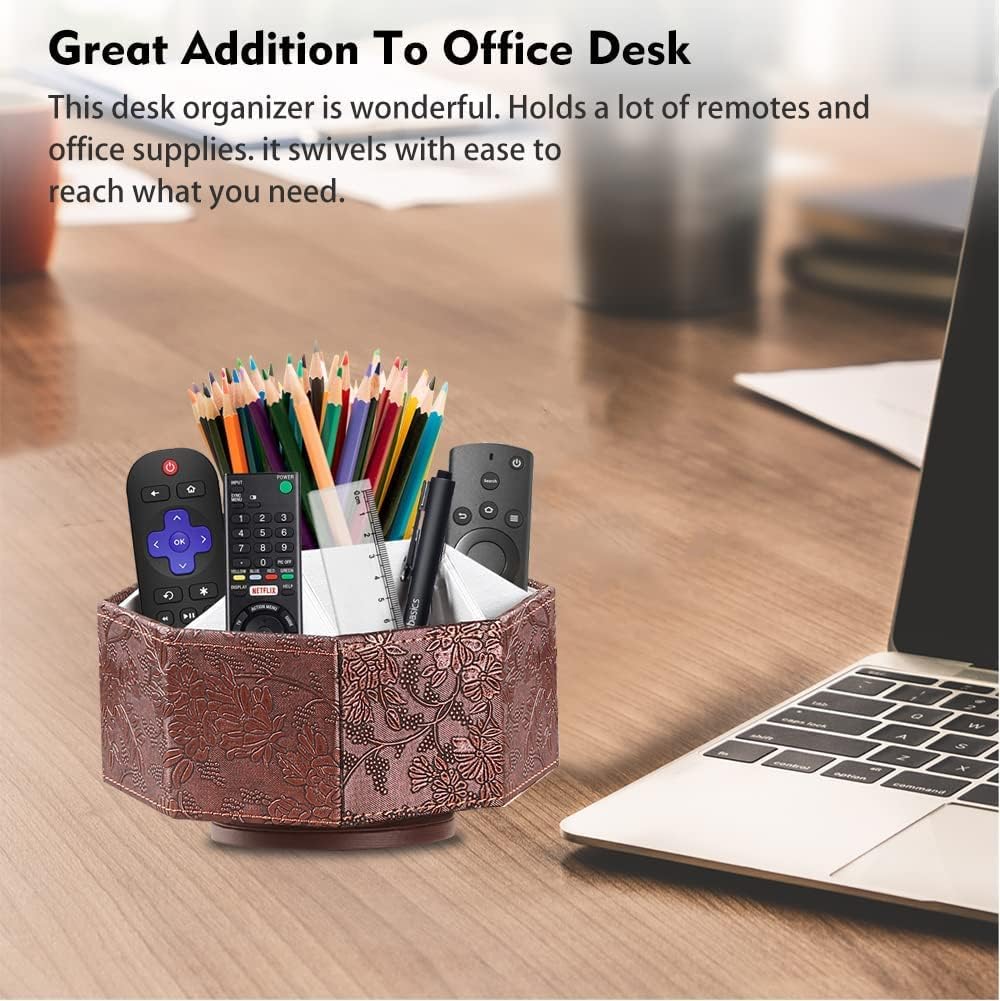 PU Leather Remote Control Holder,360 Degree Spinning TV Remote Caddy,9 Grids Desk Organizers and Accessories for Storage Controller,Calculator,Mail,Media,Pen,Phone etc (Antique)