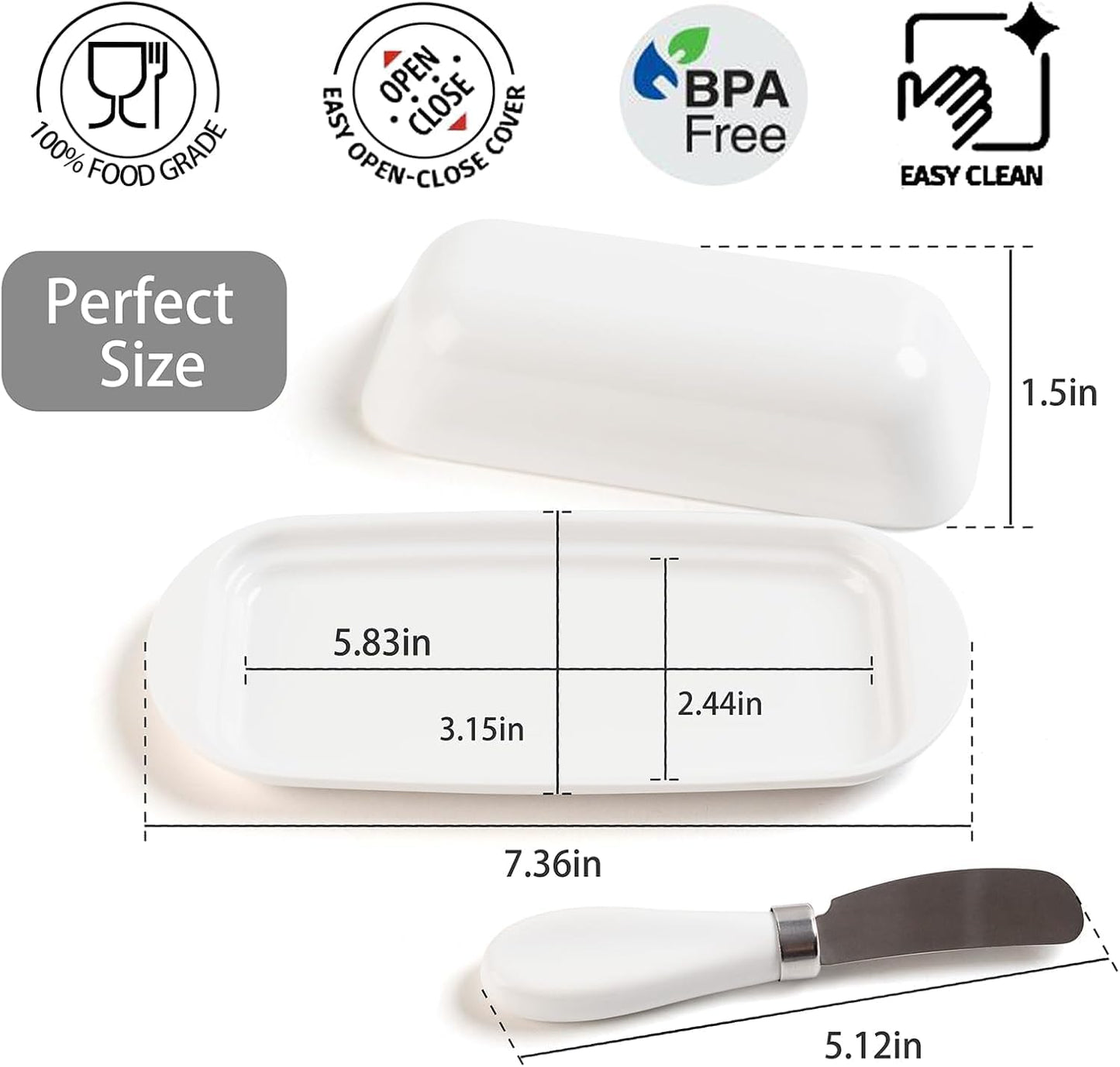 Butter Dish with Lid and Knife, Durable Countertop & Fridge Butter Keeper, BPA-Free Melamine Butter Container, Dishwasher Safe, Fits East/West Coast Butter Sticks (White)