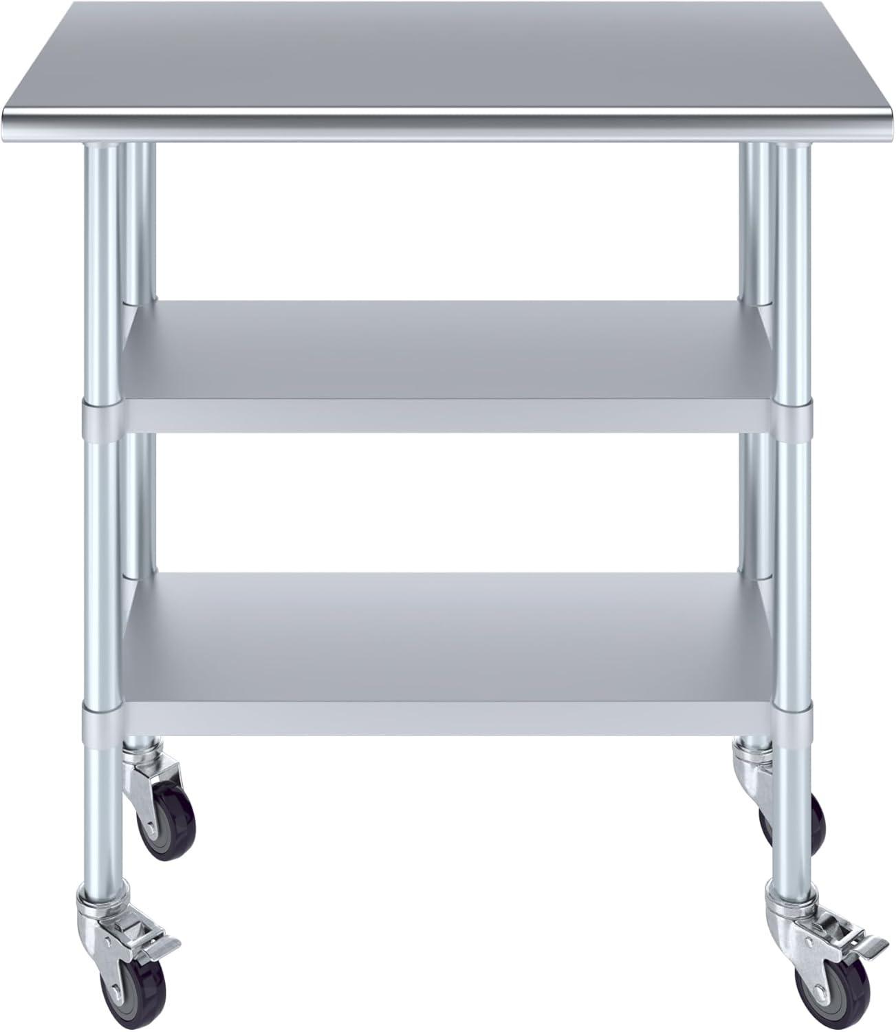 AmGood Stainless Steel Work Table with 2 Shelves and Casters | Metal Utility Table On Wheels (Stainless Steel Work Table with 2 Shelves + Casters, 36" Long x 18" Deep)