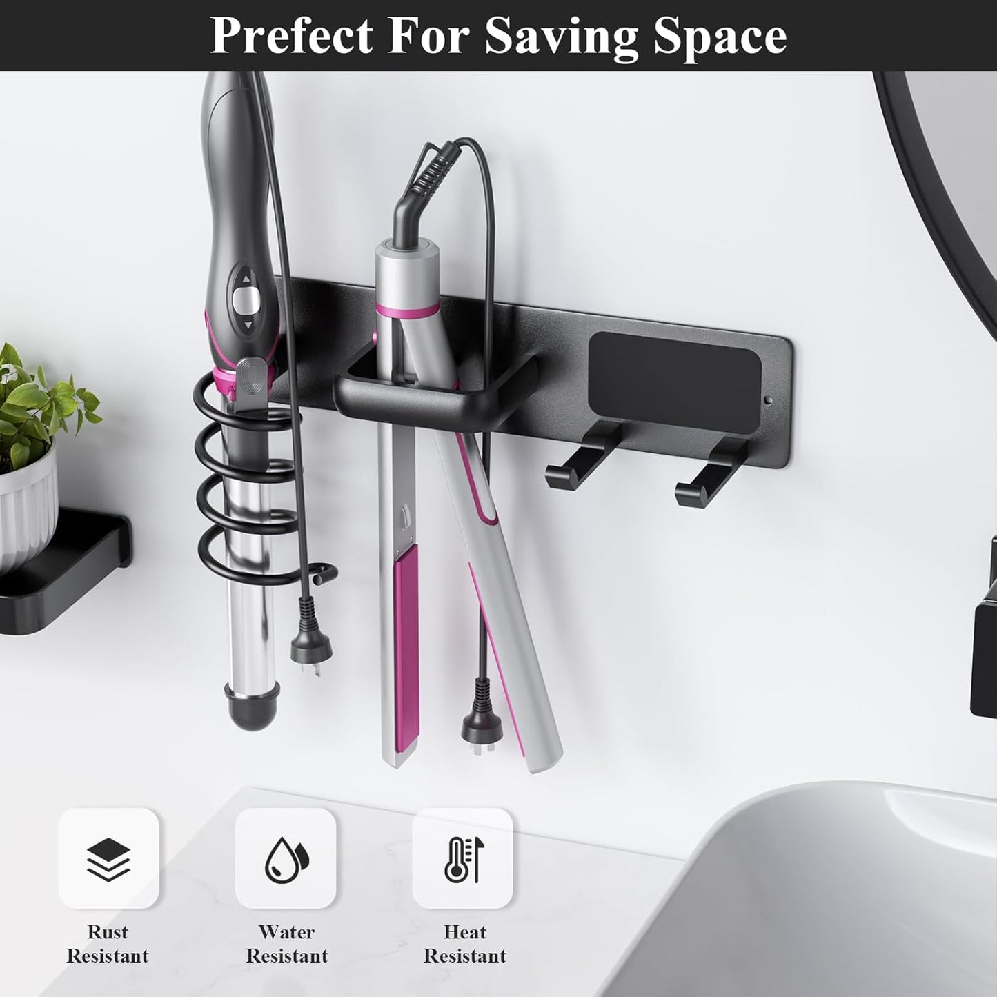 Tindbea Hair Dryer Holder Curling Iron Holder Flat Iron, Blow Dryer Holder Wall Mount, 3 in 1 Bathroom Hair Tool Organizer Rack for Universal Dryer, Matte Black