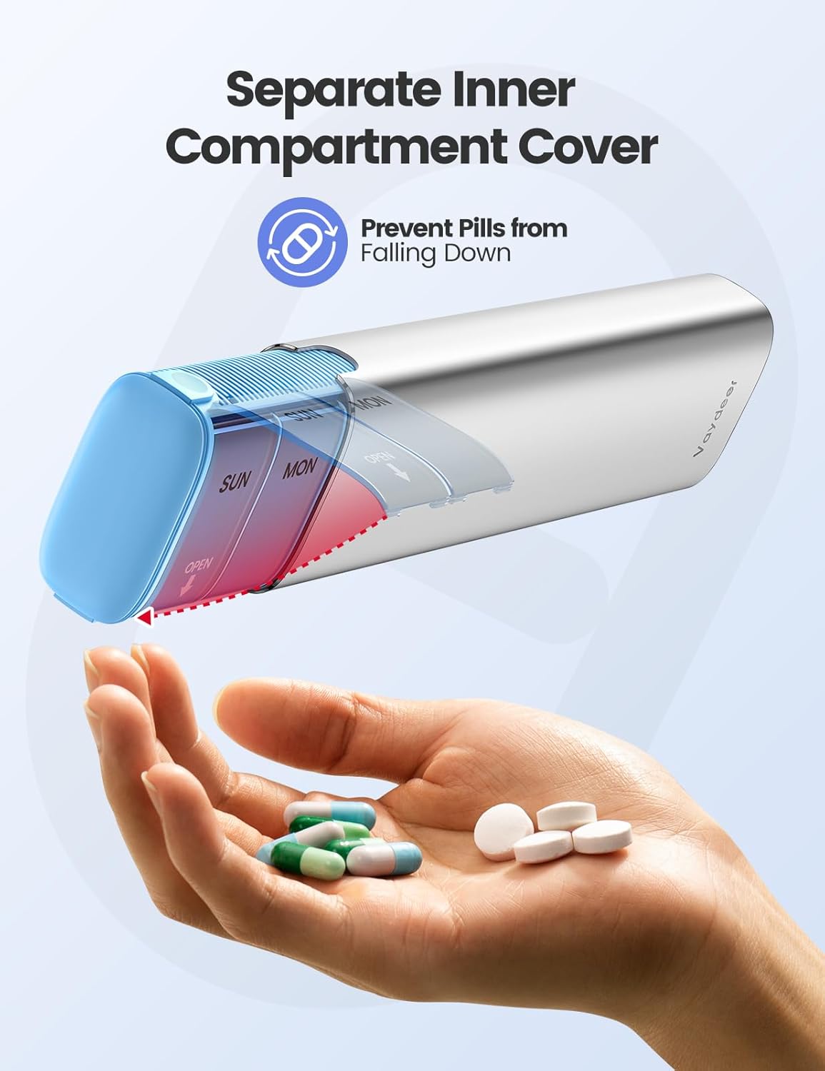 VAYDEER Metal Weekly Pill Organizer – Moisture-Proof Travel Pill Organizer with Built-in Desiccant Chamber and Airtight Lids – Large-Capacity Pill Box for Vitamins, Medicines & Supplements (Rose Gold)