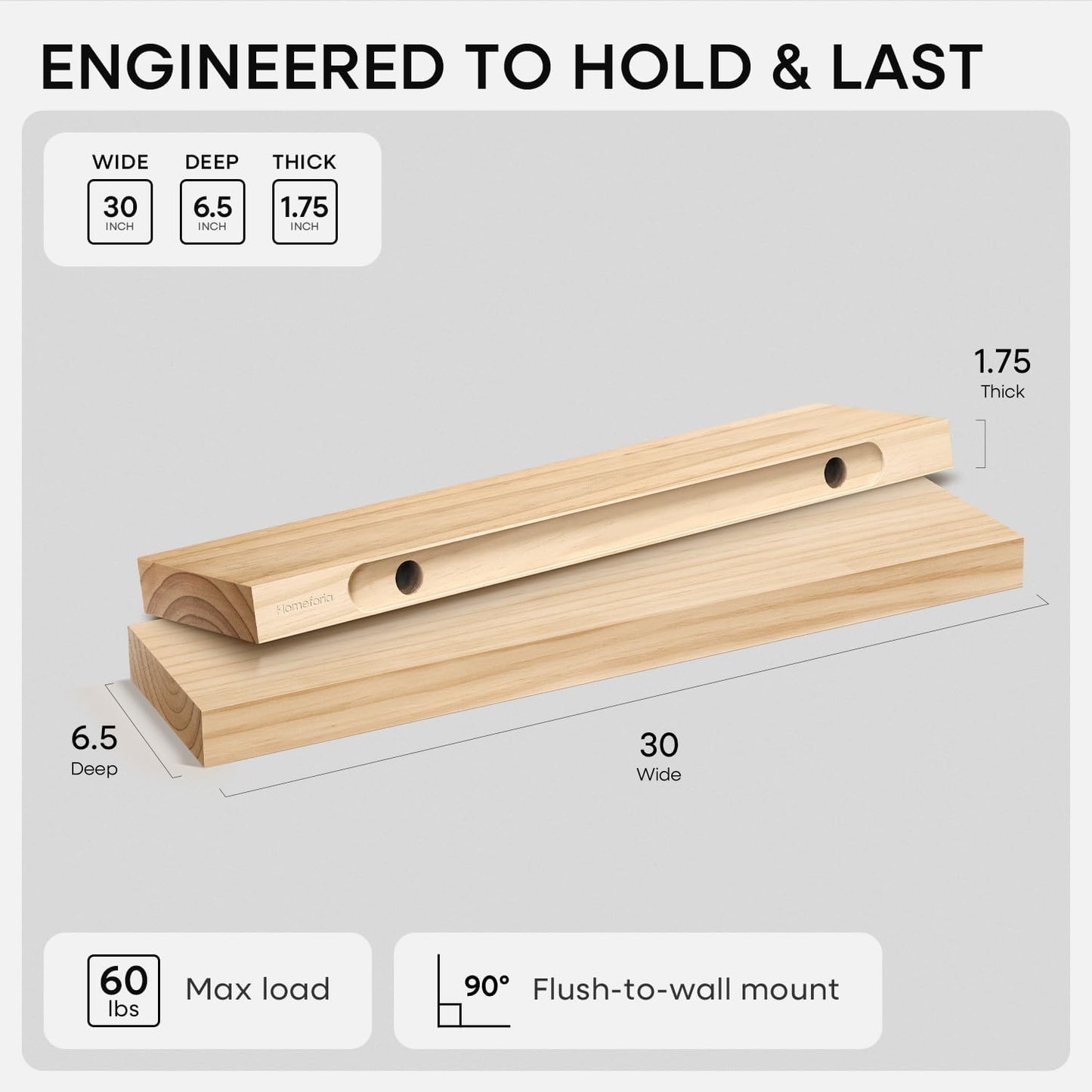 Homeforia 30 inch Natural Floating Shelf, High End Solid Real Wood 30inch Small Floating Shelves for Wall Mounted, Natural Wooden Floating Shelves, Heavy Duty Bracket, 30 X 6.5 X 1.75 in, Set of 3