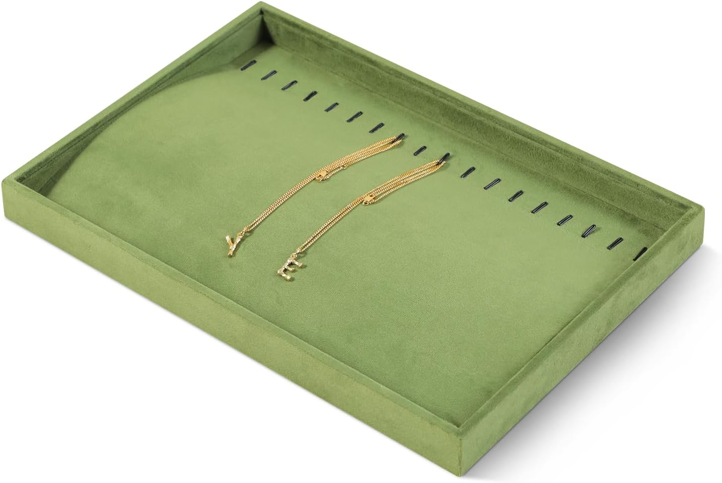 Velvet Jewelry Display Tray For Bracelet Pendant Necklace, Multi-Slot Stackable Storage Tray For Long Chain Jewelries, Drawer Insert Jewelry Organizer (Olive Green)